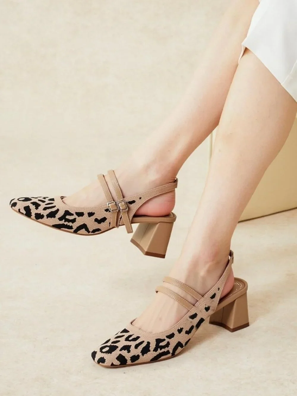 NEWBELLA Leopard Knit Mary Jane Chunky Low Heel Slingback Pump Square Toe 8.5 - Picture 4 of 13